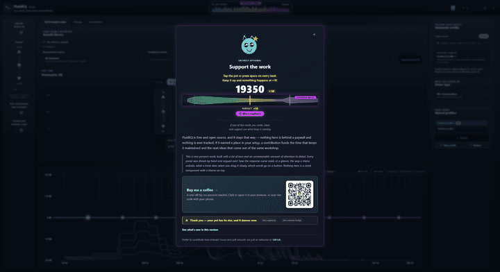 Euphoria mode: the support panel showing a score of 19,350 at times ten, the rainbow waveform, and the response graph behind it drawn in the spectrum palette.